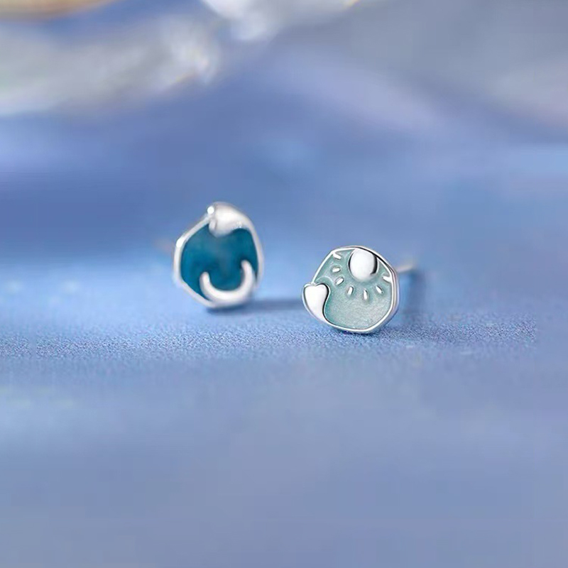 Moon Star Earrings - 925 Silver Needle Enamel Moon Star