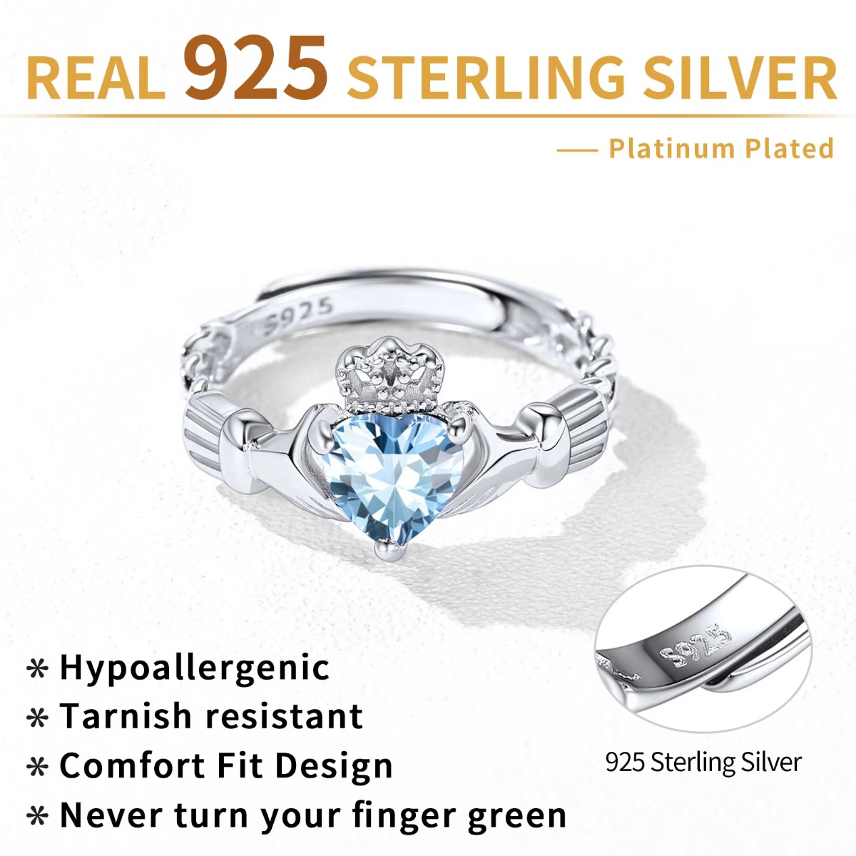 U7 3mm 925 Silver Claddagh Rin - Birthstone Ring Set review and price